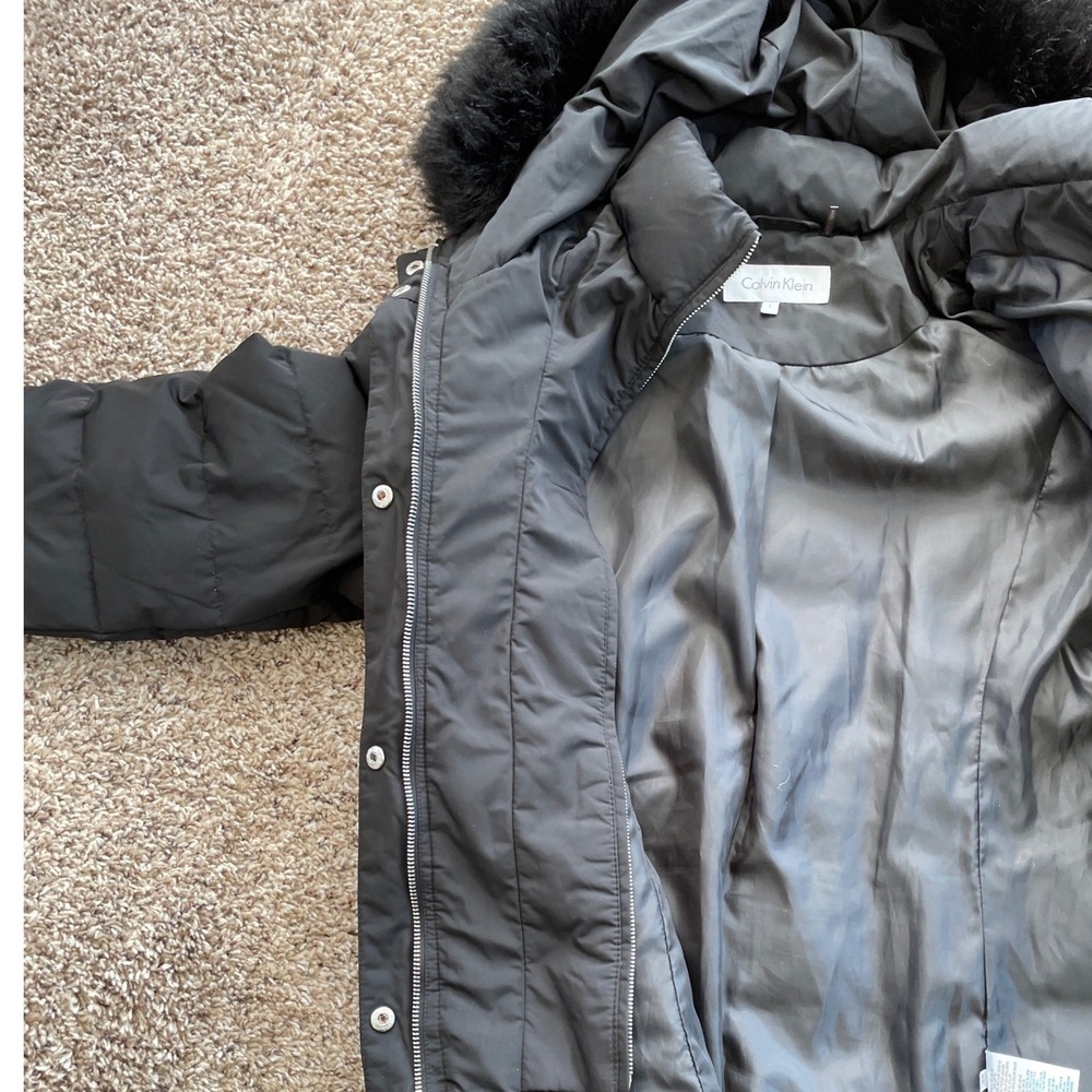 Calvin Klein Womens Black Down Fill Puffer Parka Coat Faux Fur Hood Large - Picture 10 of 16